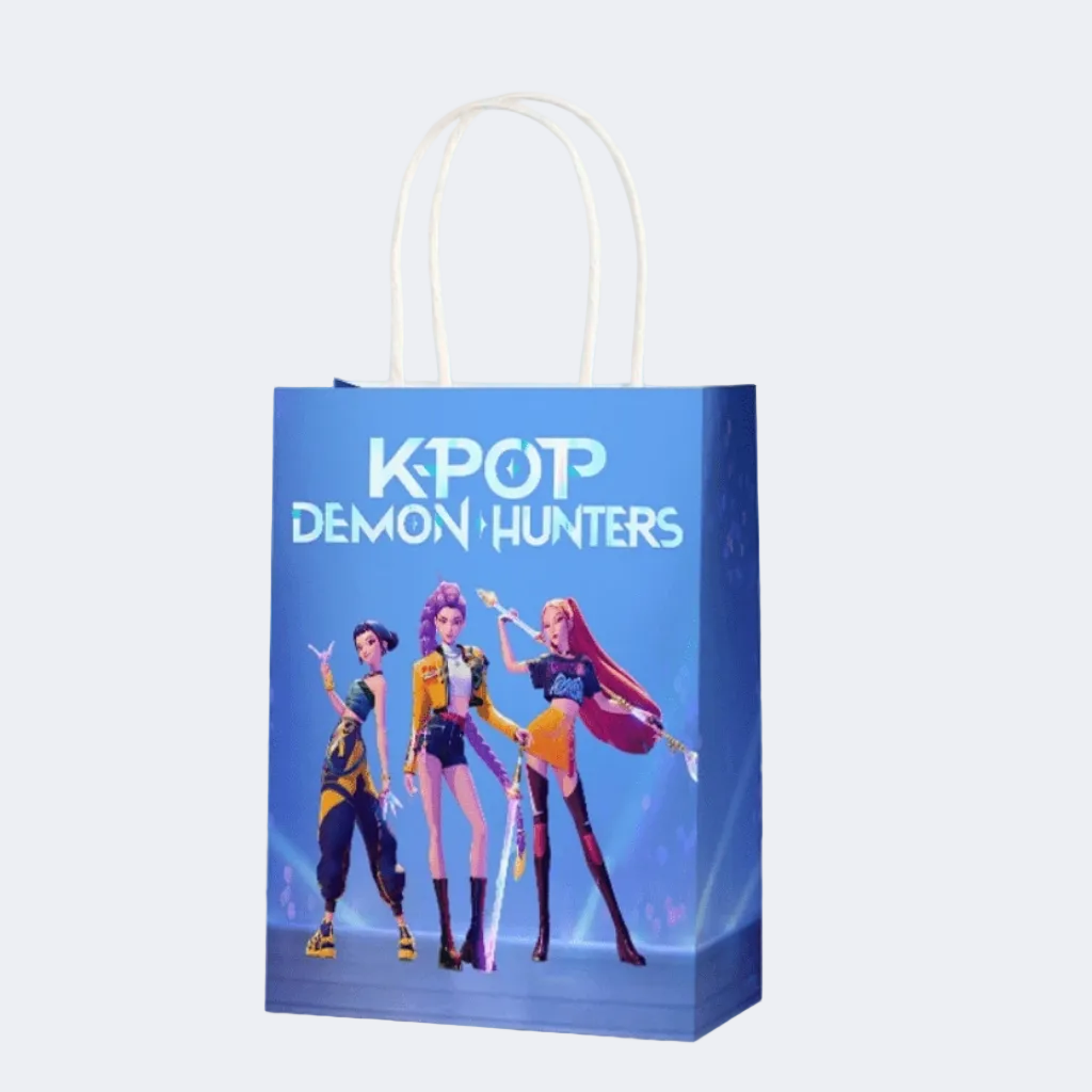 Blue paper bag with 'K-Pop Demon Hunters' design featuring characters on a light blue background.