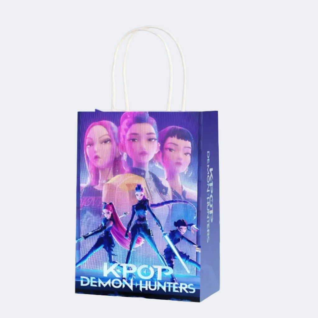 Gift bag with 'KPOP Demon Hunters' design on a light blue background