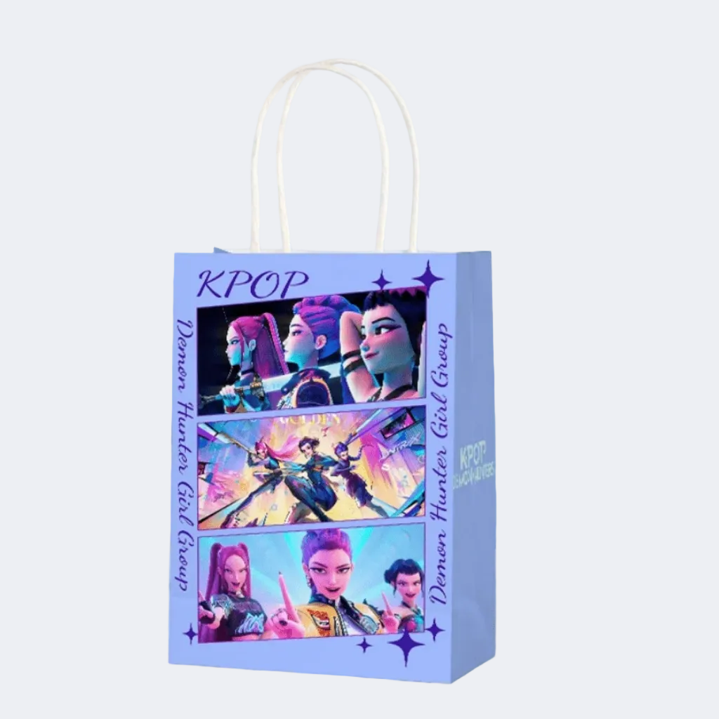 Gift bag with KPOP design featuring characters on a light blue background