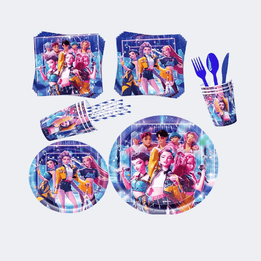 Party supplies with character-themed plates, napkins, and cups on a white background