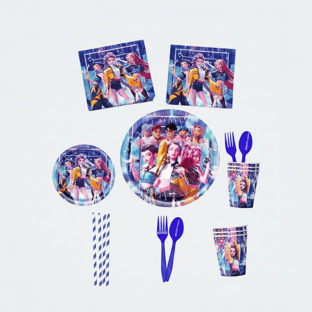 Party supplies with character-themed plates, napkins, and cups on a white background