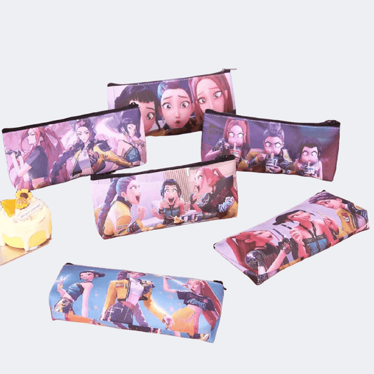 Set of pencil cases with animated character design on a white background