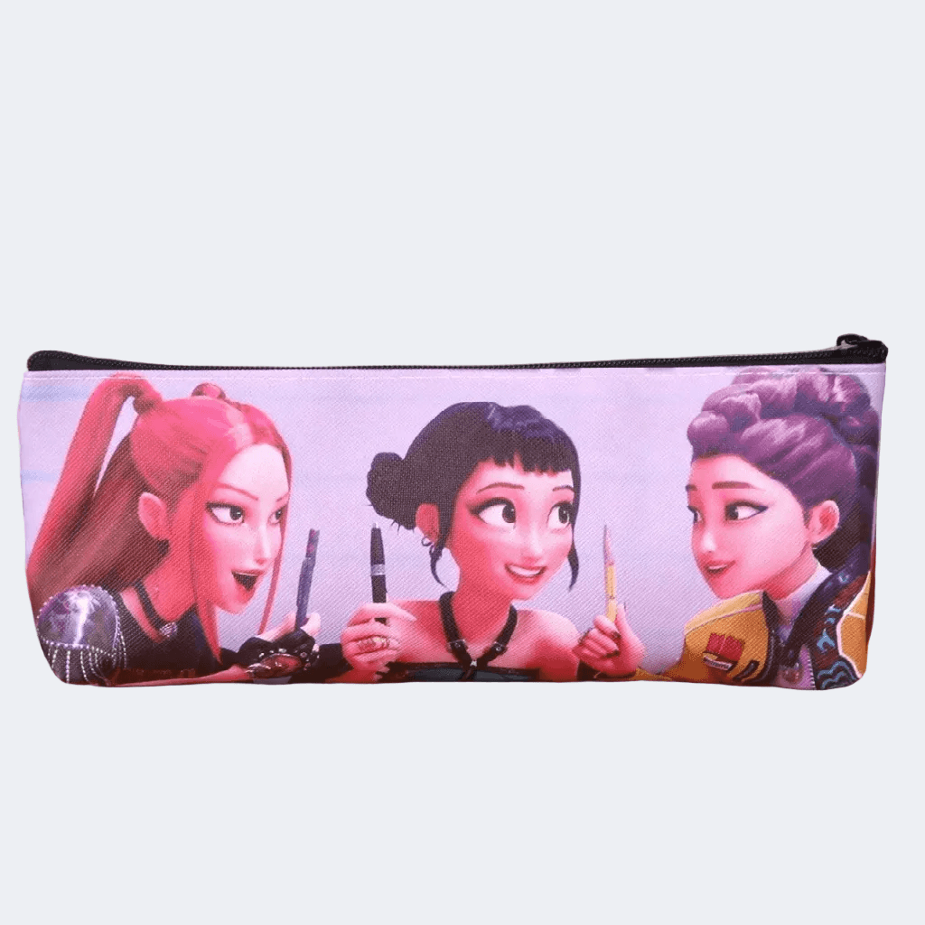 Pencil case with animated characters on a light purple background