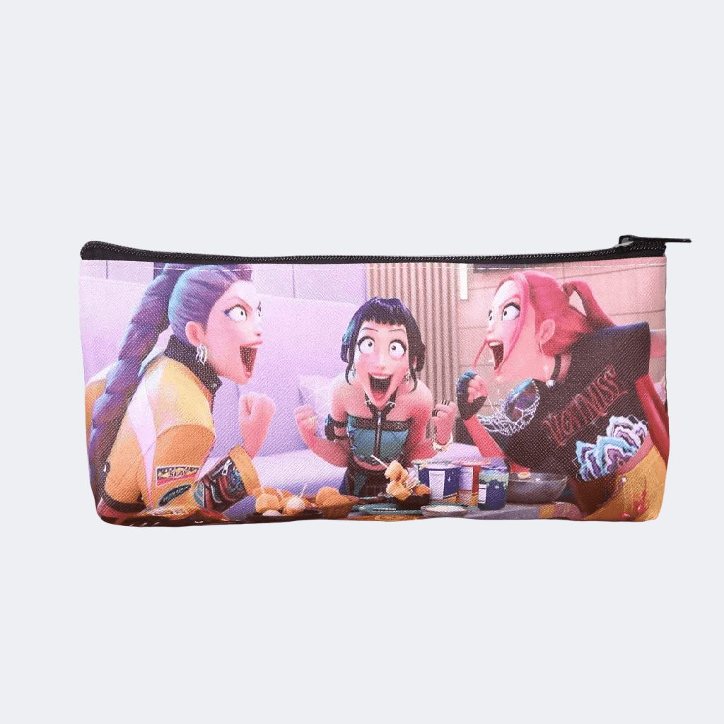 Pencil case with animated characters on a light purple background