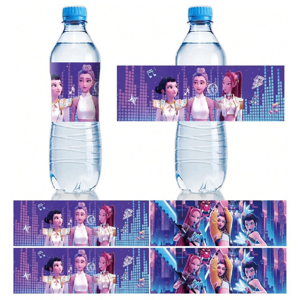 Two water bottles with colorful character labels on a white background