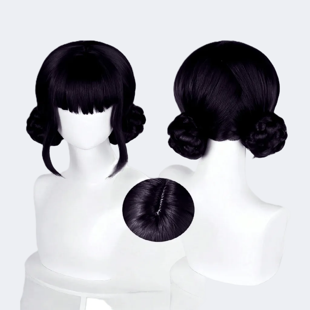 Black hair extensions on mannequin heads with a white background