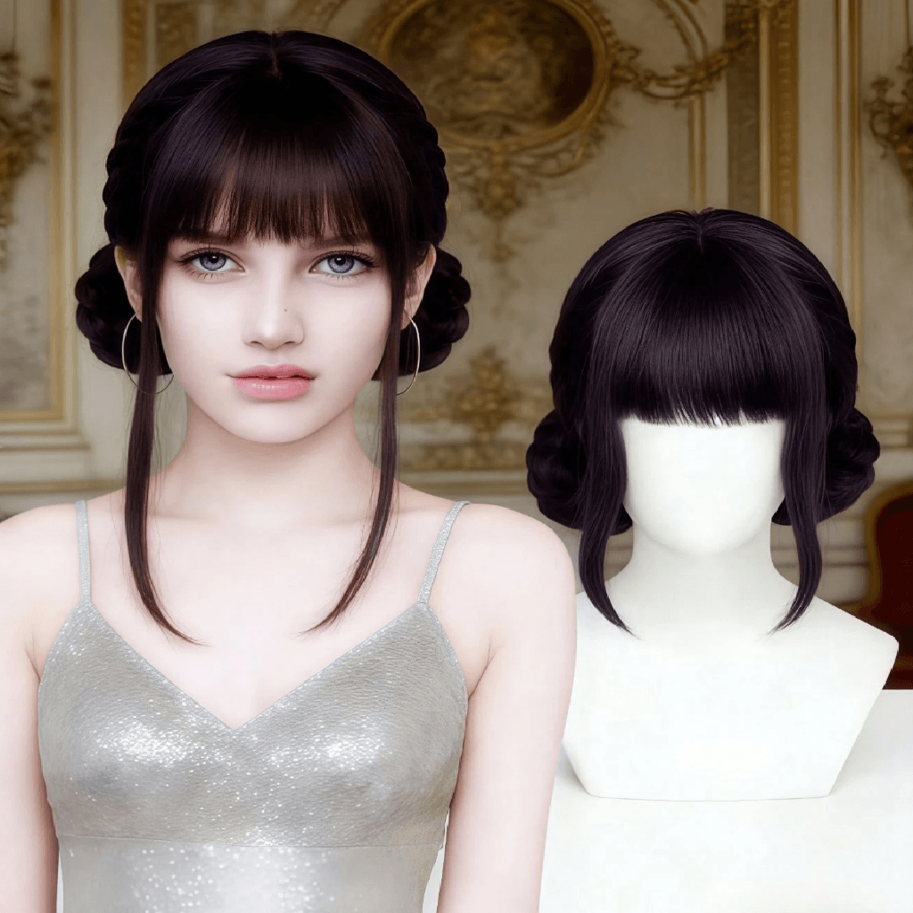 Woman with styled hair next to a wig on a mannequin head.
