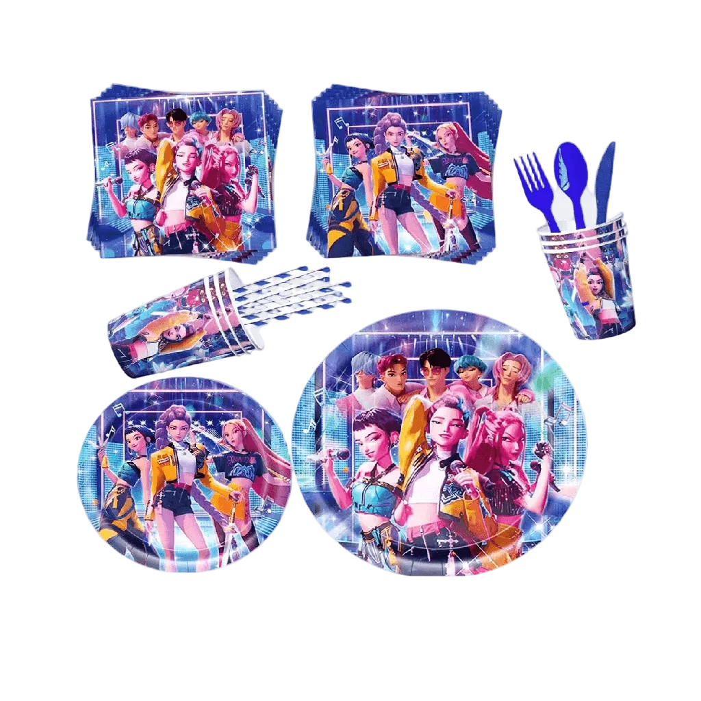 Party supplies with character-themed plates, napkins, and cups on a white background