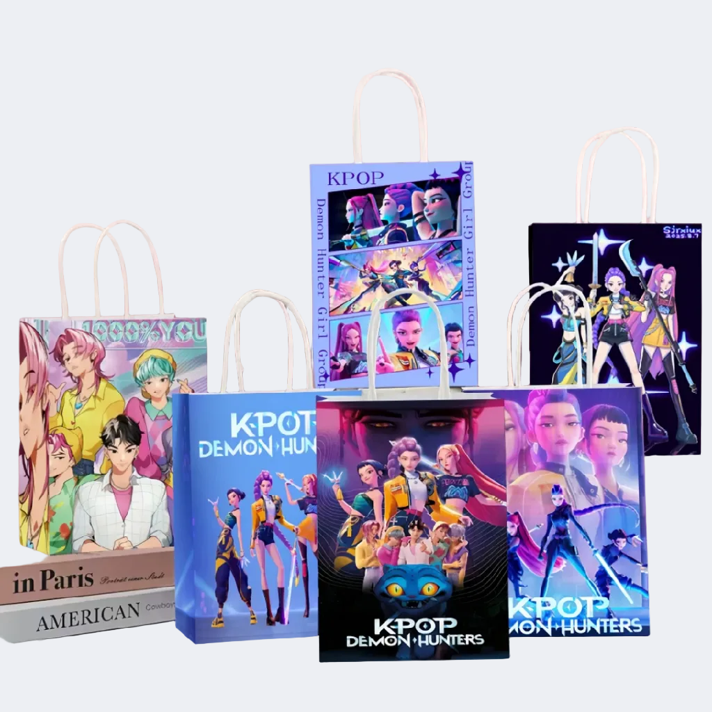 KPOP-themed gift bags with character illustrations on a pink background