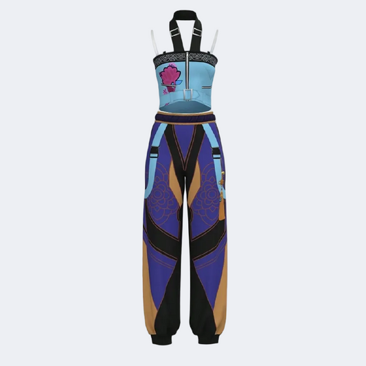 Colorful ski bib with geometric patterns on a white background