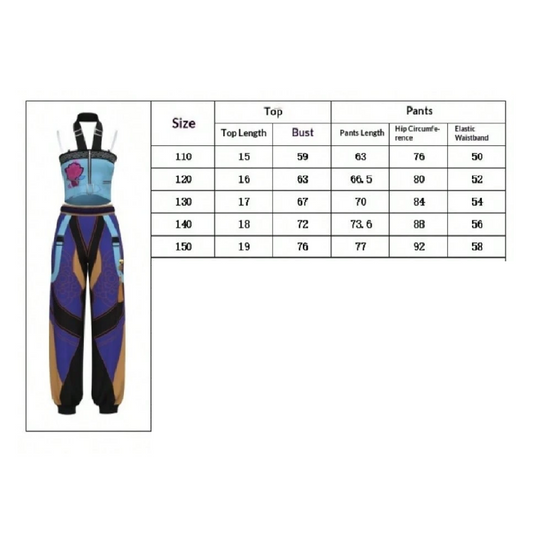 Colorful jumpsuit with size chart on a white background