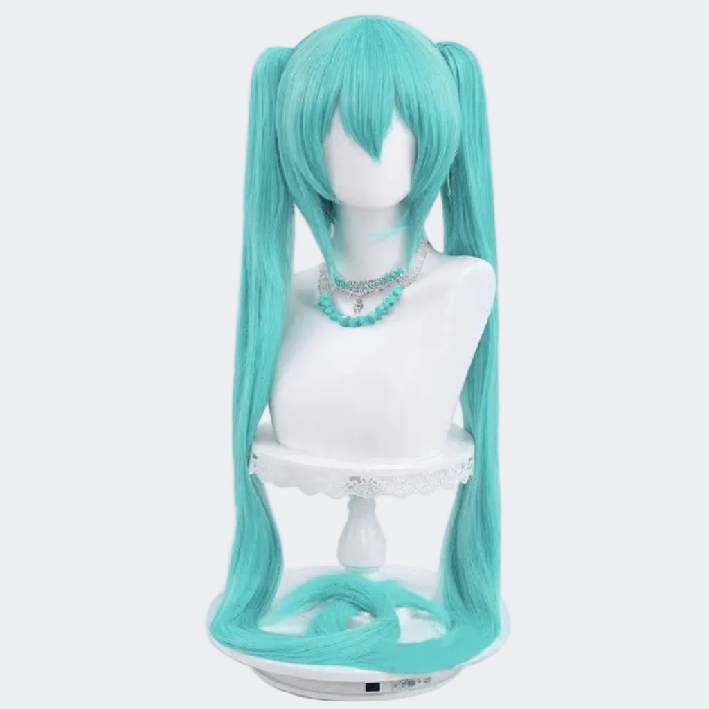 Turquoise wig with twin tails on a white mannequin head against a white background