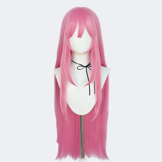 Pink wig on a mannequin head against a white background
