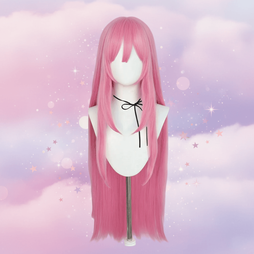 Pink wig on a mannequin against a pastel sky background