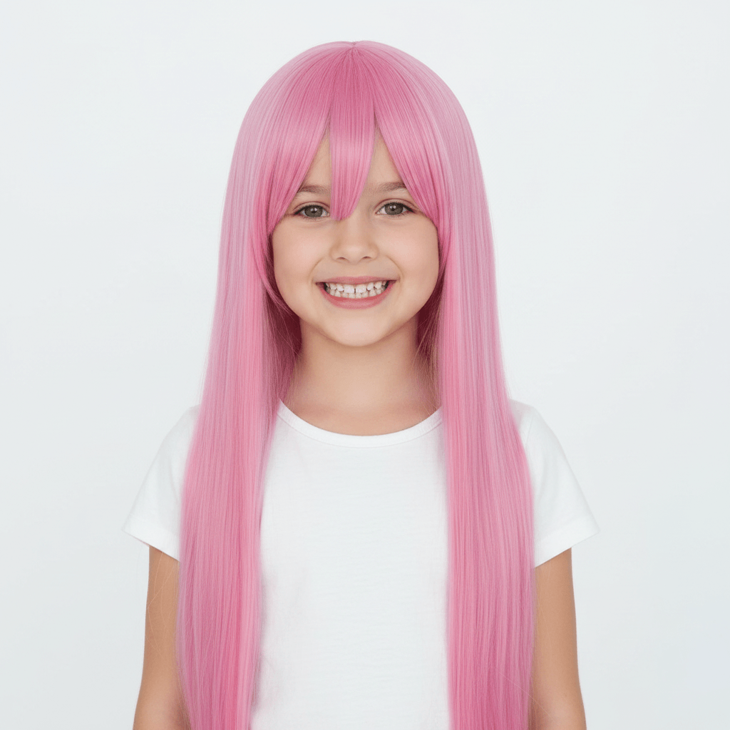 A young girl with a bright pink straight wig and bangs, wearing a white t-shirt against a plain white background.