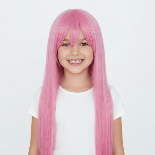 A young girl with a bright pink straight wig and bangs, wearing a white t-shirt against a plain white background.