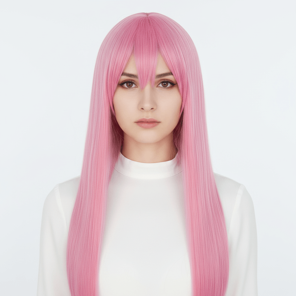 A long straight pink wig with bangs worn by a model in a white mock-neck top against a plain light gray background.