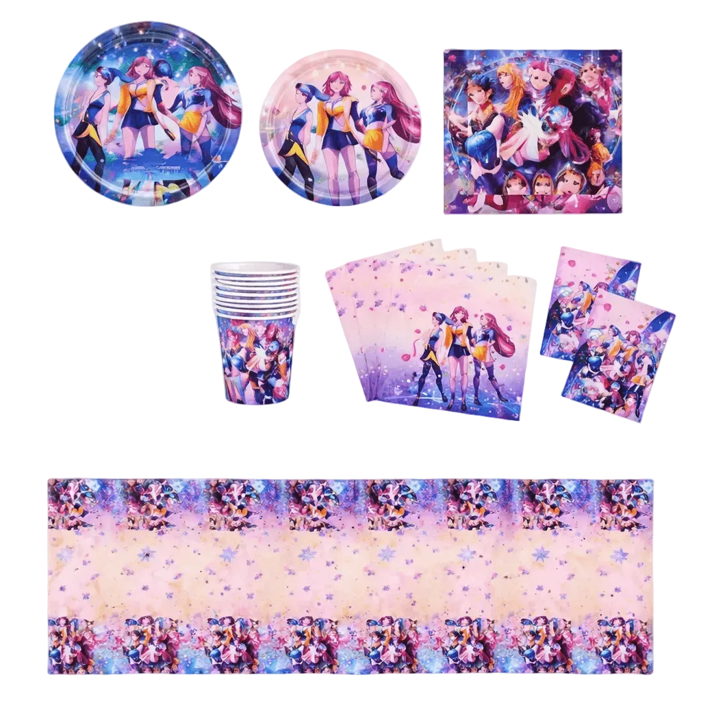 Party supplies with K-style design on plates, cups, napkins, and a tablecloth.