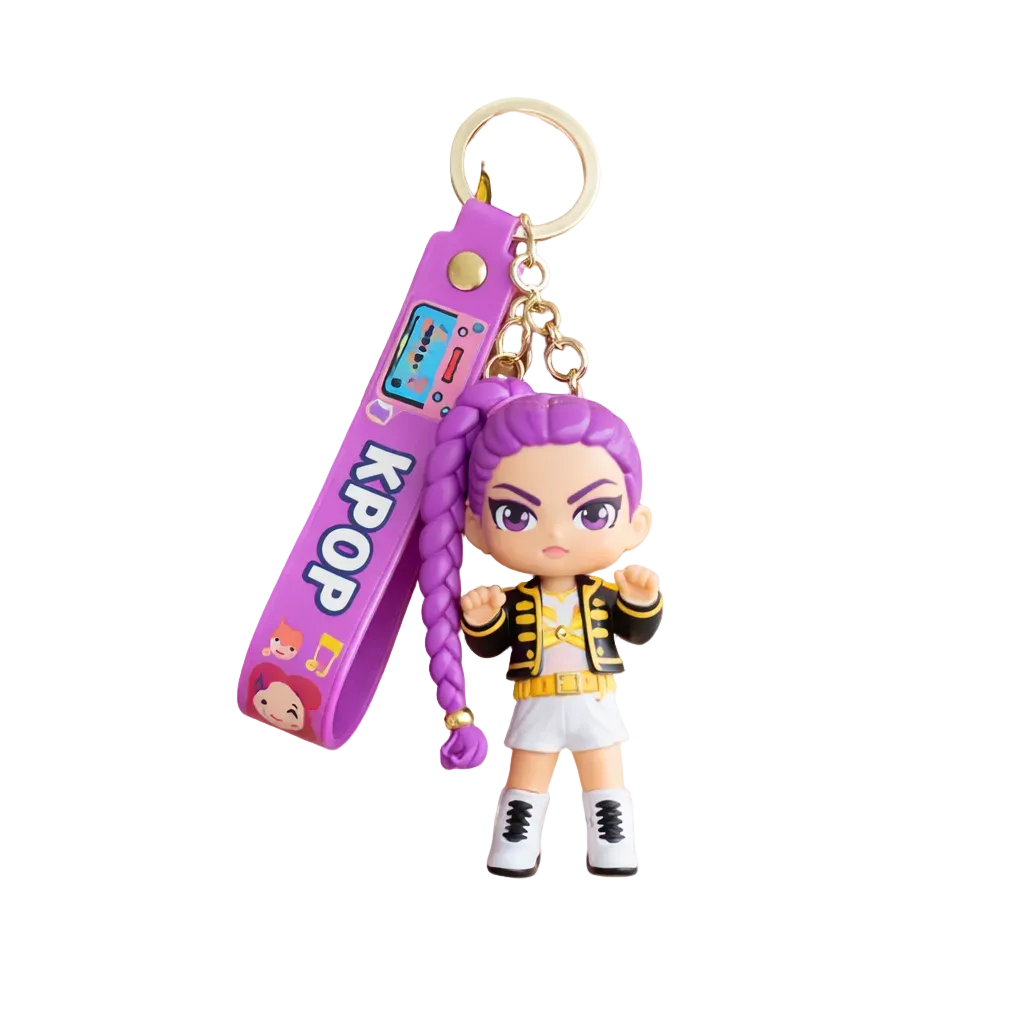 Keychain with a character and purple strap held by a hand on a white background