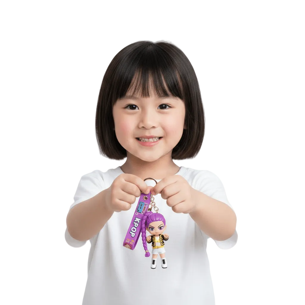 Keychain with a character and purple strap held by a hand on a white background