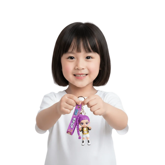 Keychain with a character and purple strap held by a hand on a white background