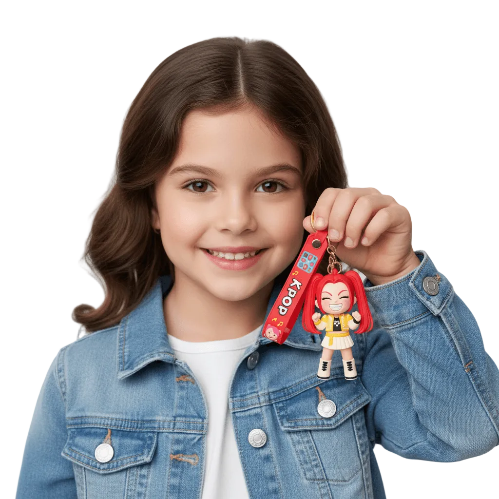Keychain with a character and purple strap held by a hand on a white background