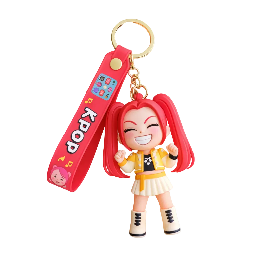 Keychain with a character and purple strap held by a hand on a white background