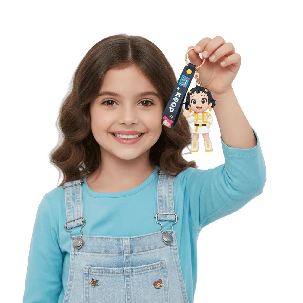 Keychain with a character and purple strap held by a hand on a white background