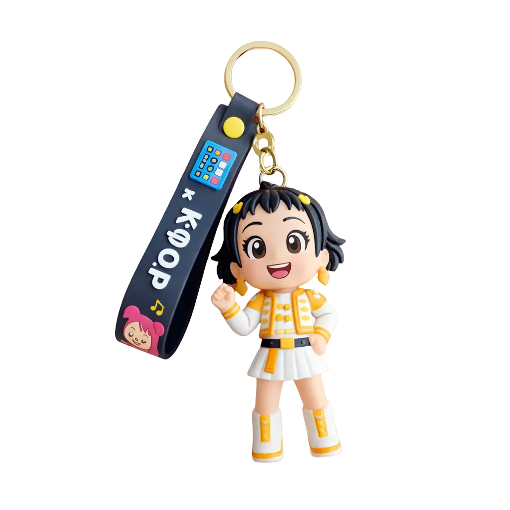 Keychain with a character and purple strap held by a hand on a white background
