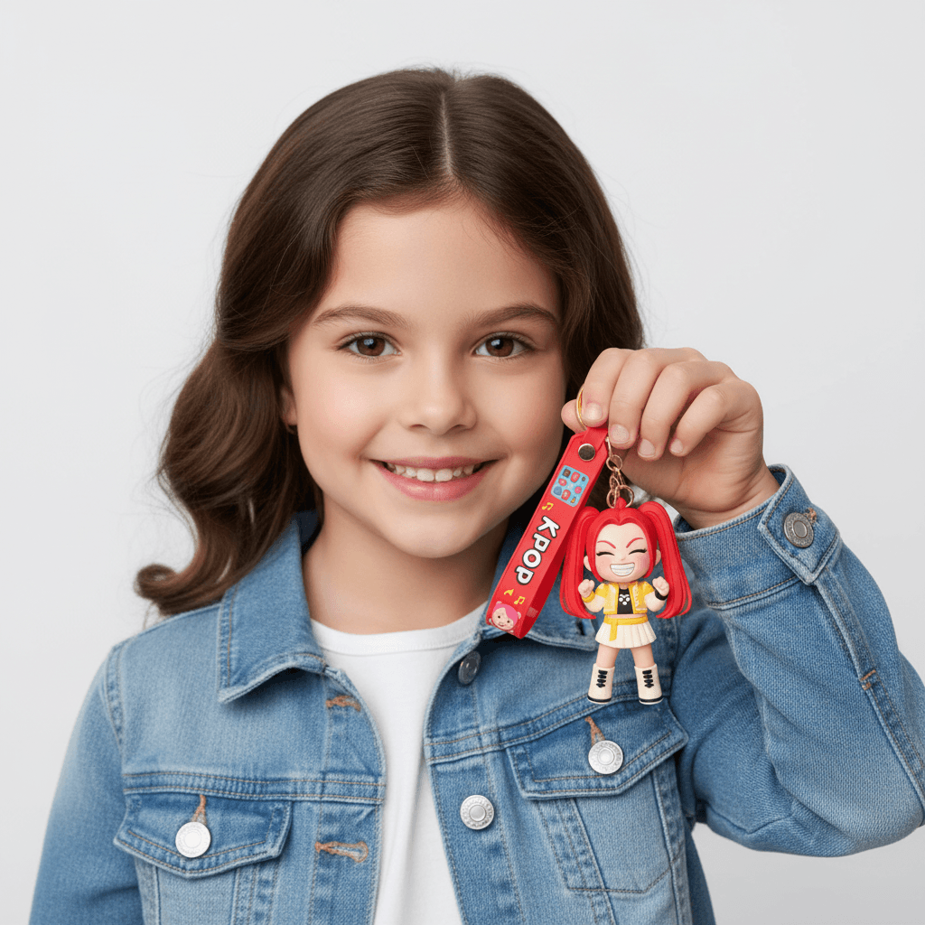 Keychain with a character and purple strap labeled 'KPOP' held by a hand on a white background