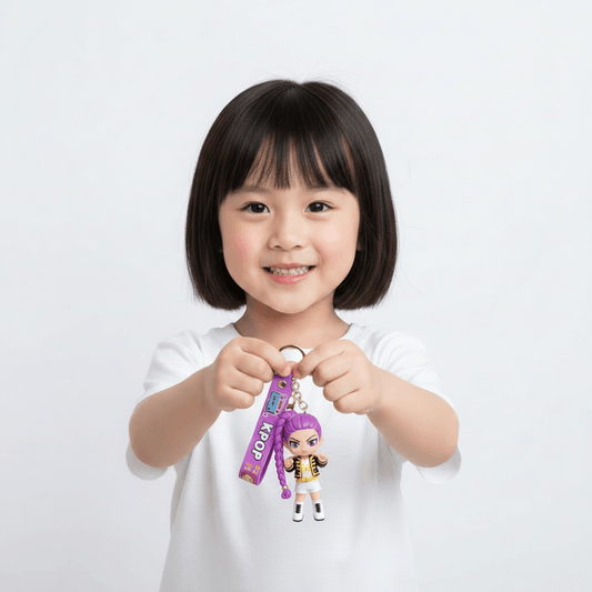 Keychain with a character and purple strap labeled 'KPOP' held by a hand on a white background