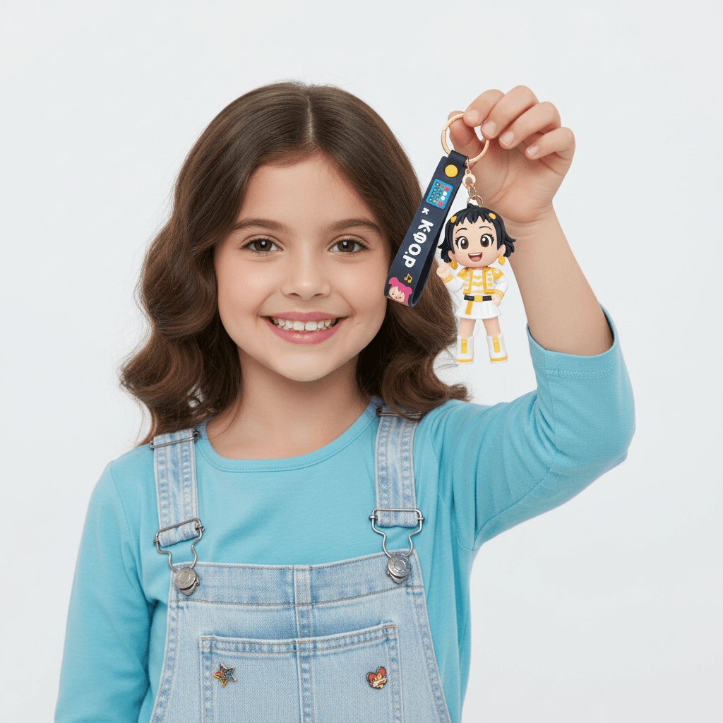 Keychain with a character and purple strap labeled 'KPOP' held by a hand on a white background