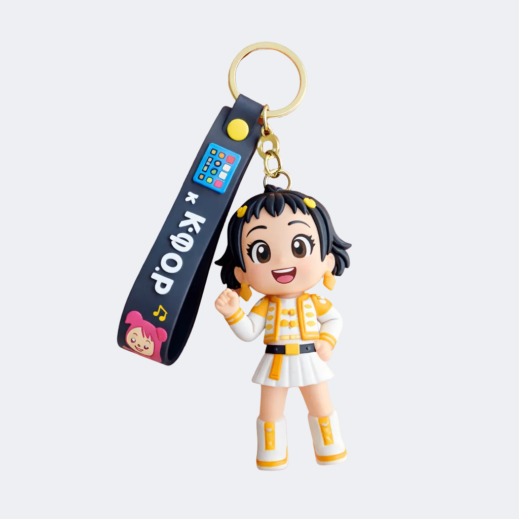 Keychain with a character and purple strap labeled 'KPOP' held by a hand on a white background