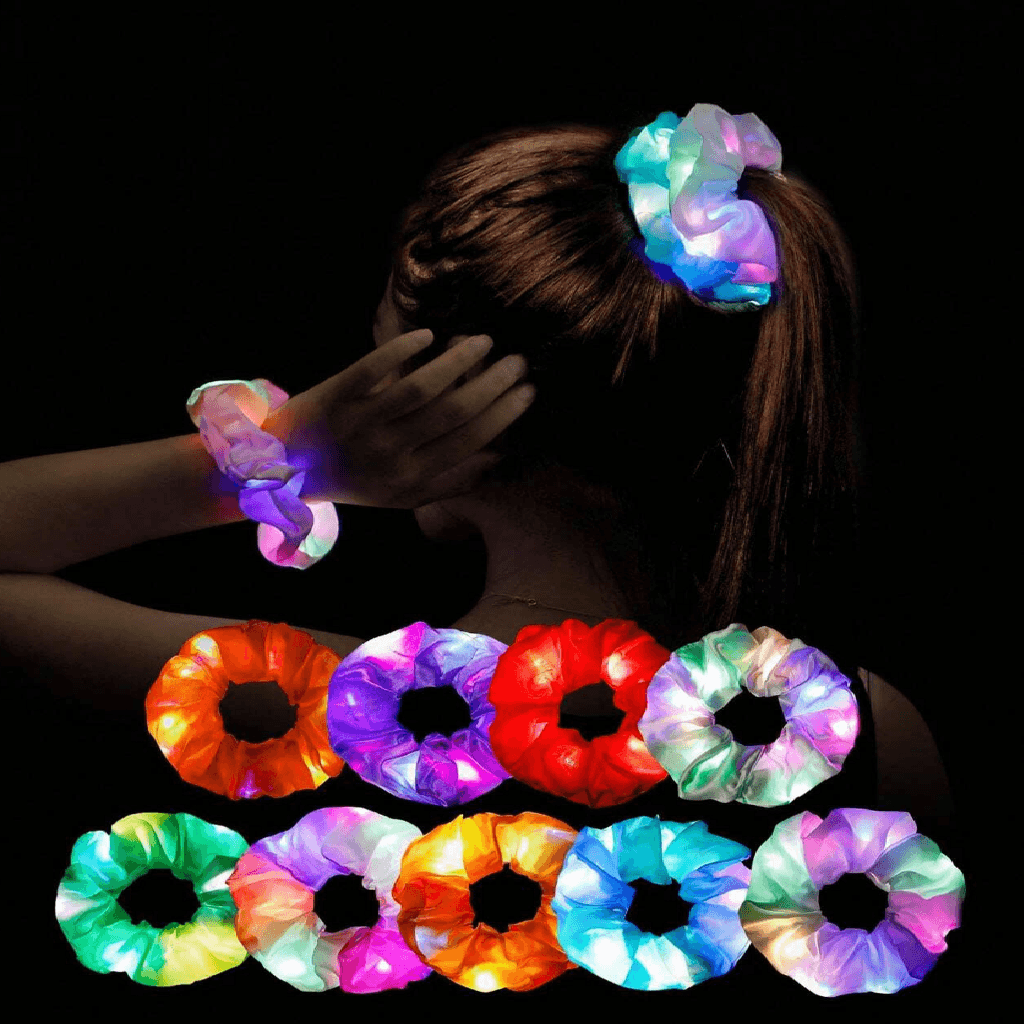 Colorful LED scrunchies on a dark background