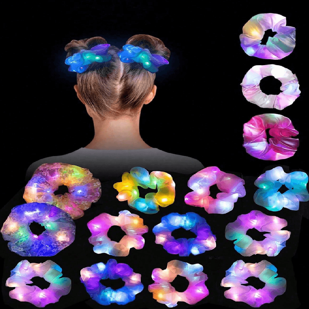 Colorful LED scrunchies on a person's head with additional scrunchies displayed around.