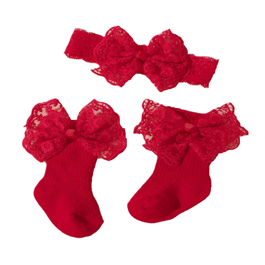 Lace Bow Headband & Socks in Red