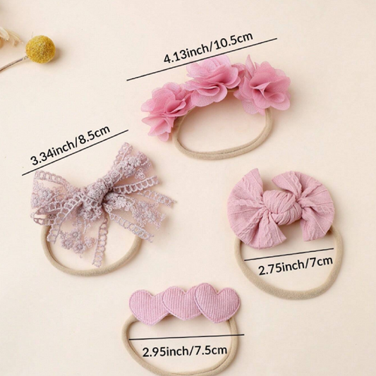 Lace Bow Pink Headbands 4-Pieces Infant