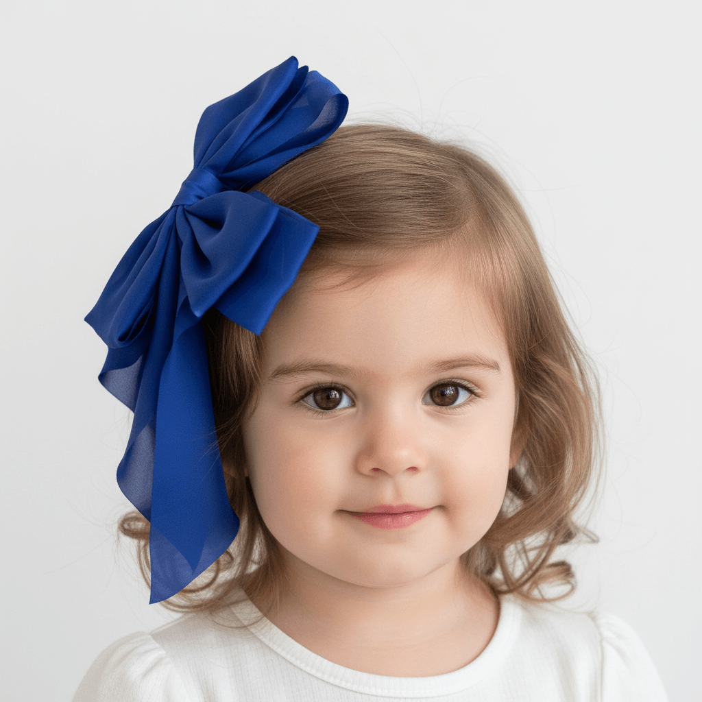 Person with long dark hair wearing a large blue bow in the back on a white background