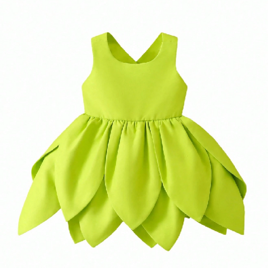 Green dress with layered skirt on a white background