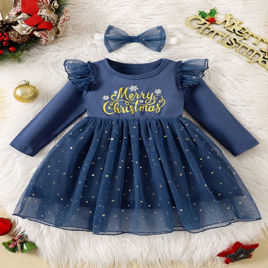 Navy blue dress with 'Merry Christmas' text and matching headband on a white fur background.