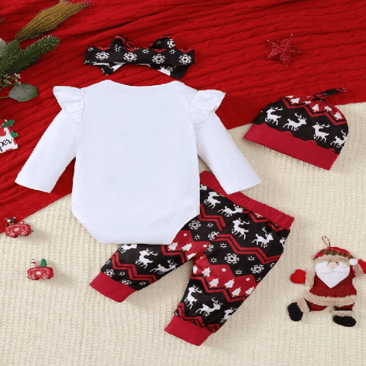 Christmas-themed baby outfit with onesie, pants, headband and hat.