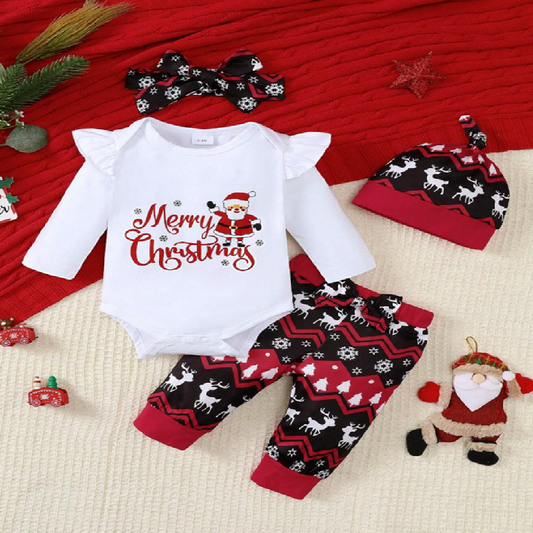 Christmas-themed baby outfit with onesie, pants, and headband on a red blanket.