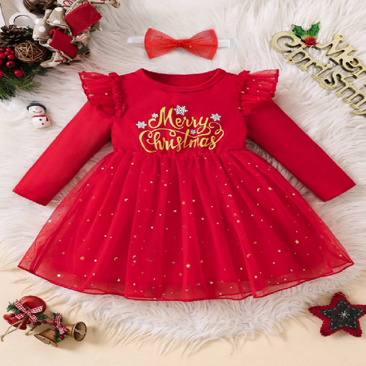 Red 'Merry Christmas' dress with matching headband on a festive background