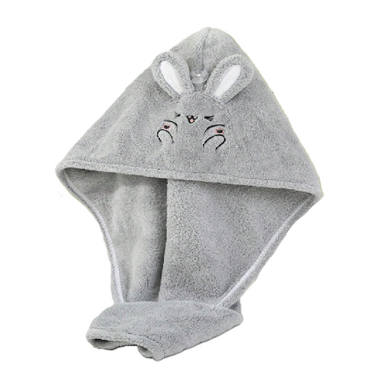 Gray hooded towel with bunny ears and face on a white background