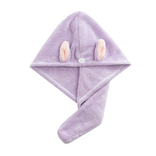 Purple hooded towel with bunny ears on a white background
