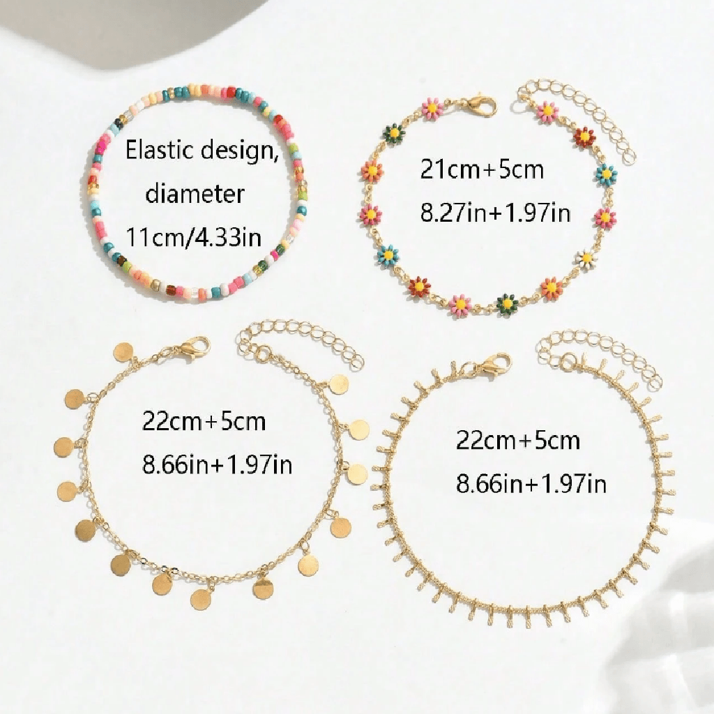 Set of colorful beaded bracelets with measurements on a white background