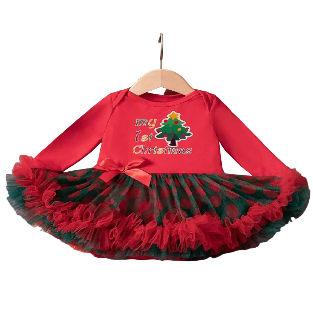 Soft red cotton bodysuit with a festive Christmas tree print and a layered tulle skirt in red and green polka dots