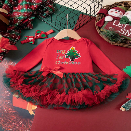 Red Christmas-themed baby outfit with green tree design