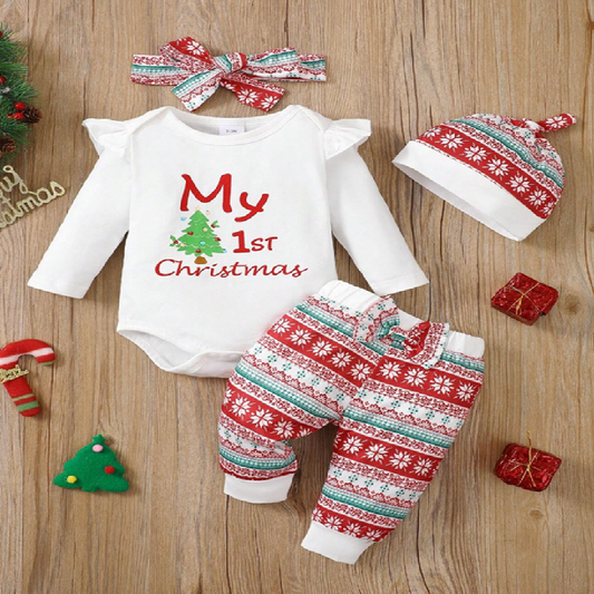Christmas-themed baby outfit with 'My 1st Christmas' onesie, pants, hat, and headband on a wooden surface.