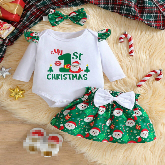 Christmas-themed baby outfit with onesie, skirt, and headband on a fluffy surface.